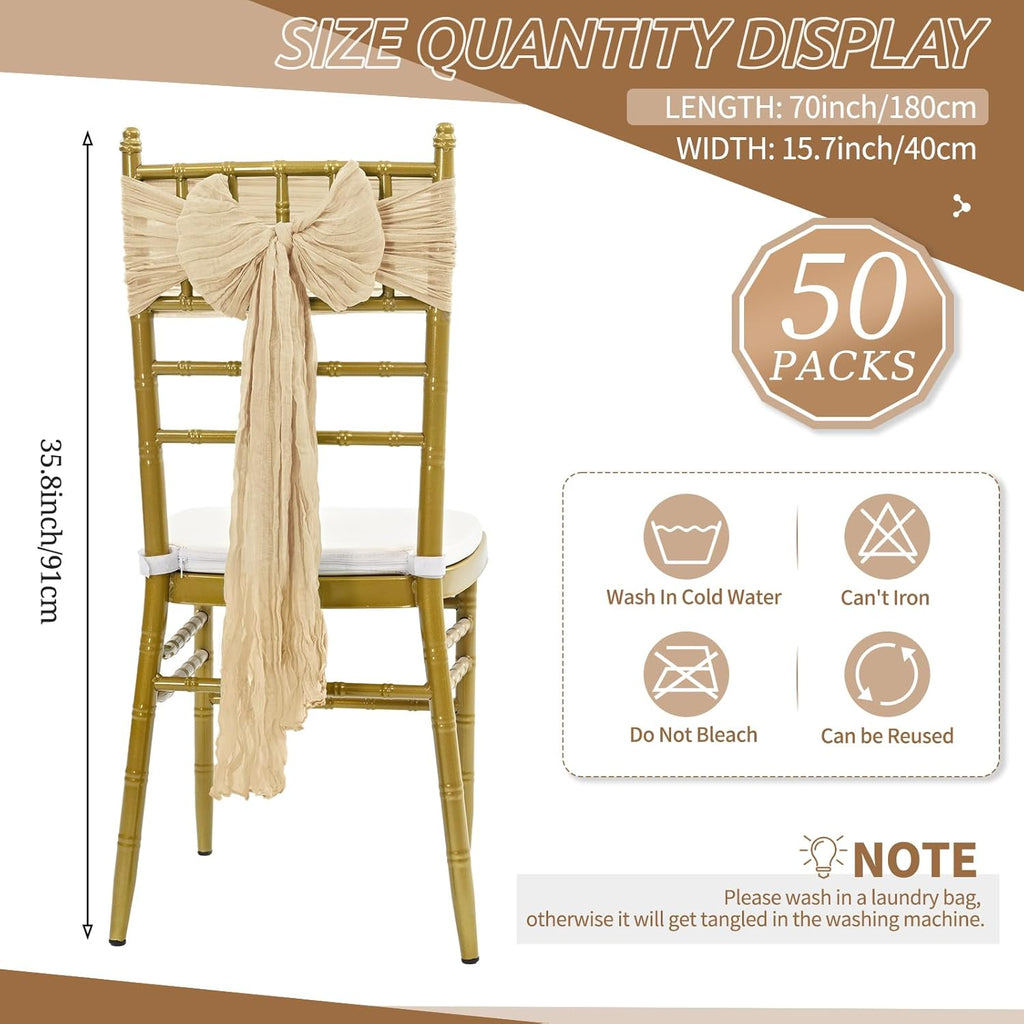 Skiennix 50 PCS Cheesecloth Chair Sashes - Elegant Wedding Aisle Decorations in Beige