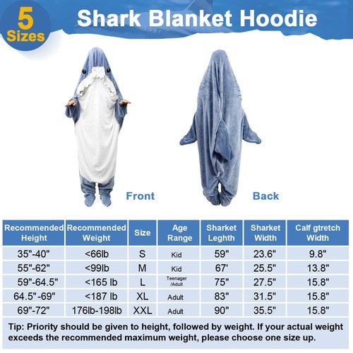 Shark Wearable Blanket Hoodie Onesie for Kids Adult,Cozy Fleece Shark Blanket Hoodie,Shark Cosplay Costume for Halloween Kids Women Men (XL)