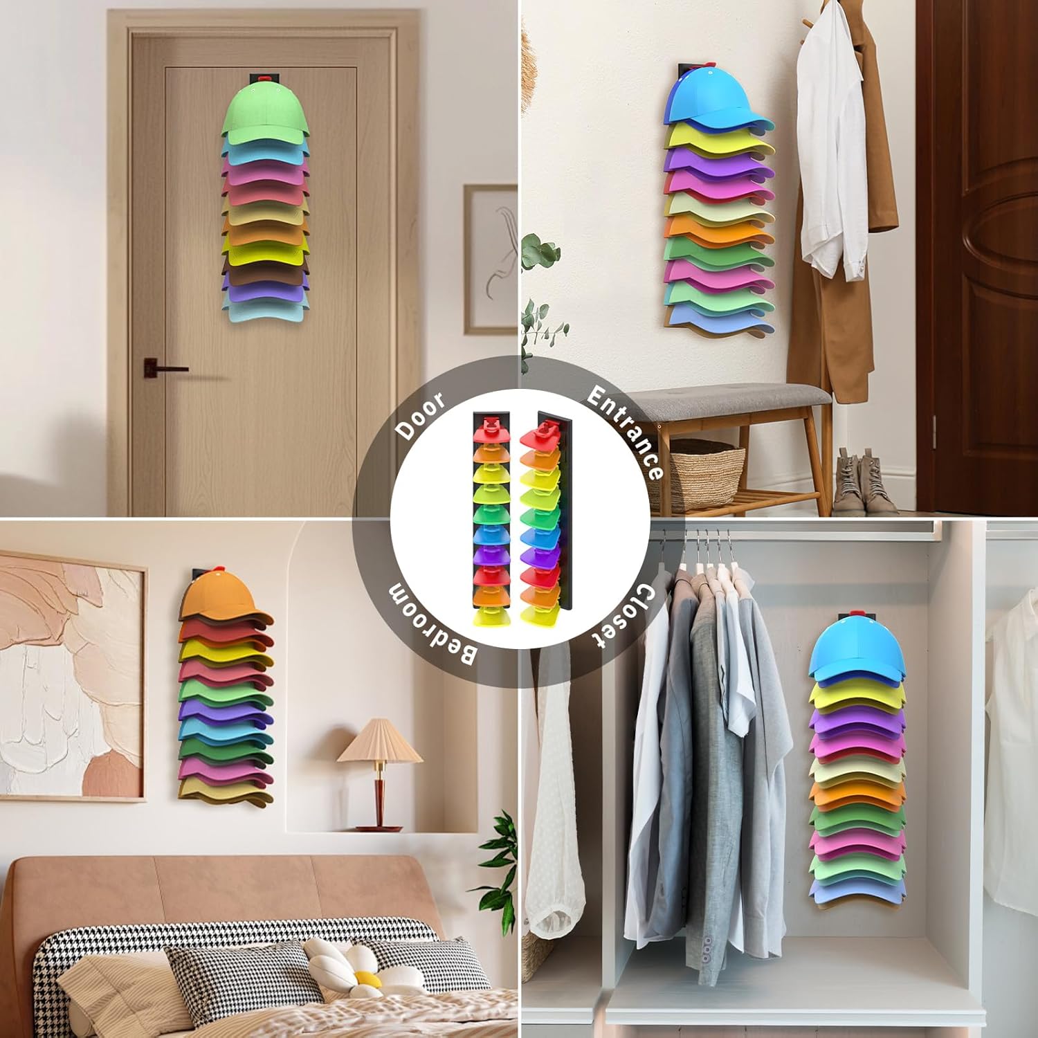Volnamal Hat Organizer - Space-Saving Wall Rack for 40 Baseball Caps | 2 Pack (Black & Color)