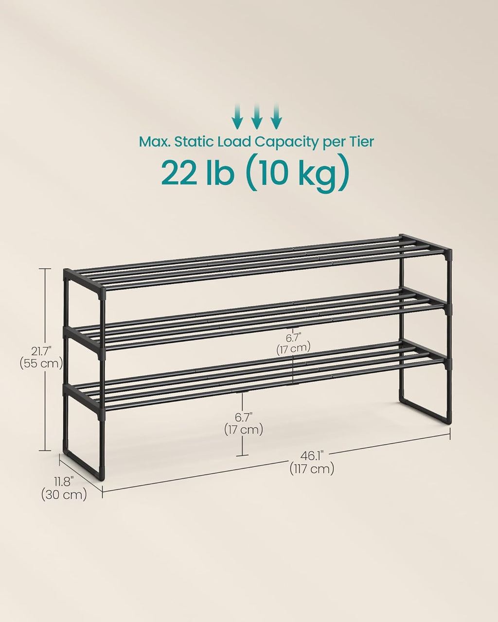 SONGMICS Shoe Rack - 3-Tier Metal Organizer for 20-24 Pairs | Stackable & Versatile Design, Black 11.8 x 46.1 x 21.7 Inches