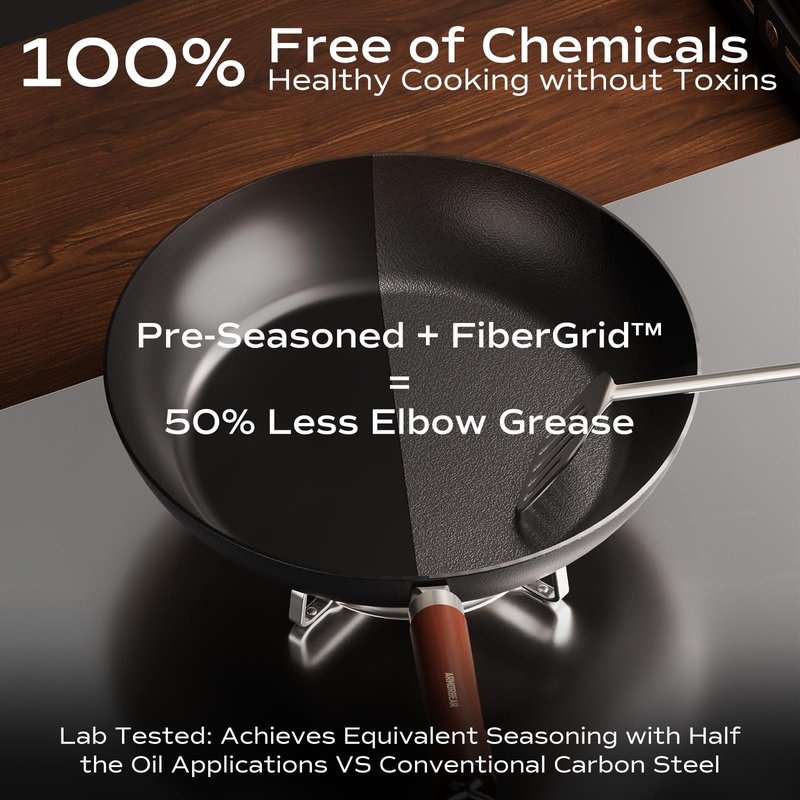 Armorbear Carbon Steel Frying Pan, Pre-Seasoned 11-Inch Cooking Skillet Wooden Handle, PFAS & PFOA-Free, Nitrided Black Fry Pan for Kitchen, Camping, Chef Use