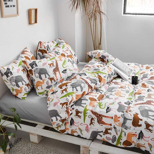 BlueBlue Safari Kids Duvet Cover Set Queen, 100% Cotton Bedding for Boys Girls Teens Lion Elephant Rhino Giraffe Zebra Zoo Print on White, 1 Full Soft Comforter Cover 2 Pillow Shams