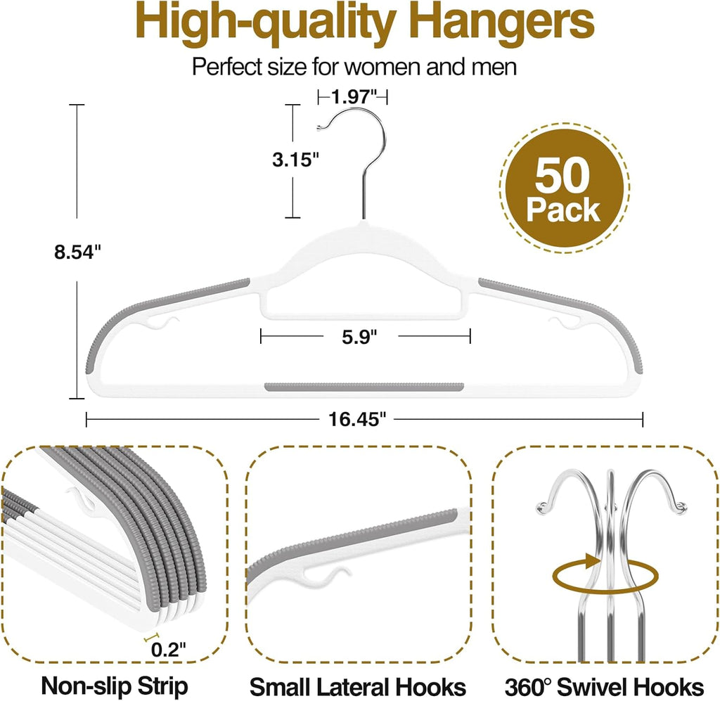 Plastic Hangers 50 Pack - Heavy Duty 16.5 in Non-Slip Clothes Hangers with 360° Swivel Hook | White & Dark Gray
