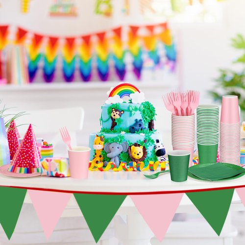 Willinglong 48 Sets/ 192 Pcs Green and Pink Witch Party Decoration Pink and Green Paper Plates Napkins Cups and Fork Decorations for Girl Birthday Decorations