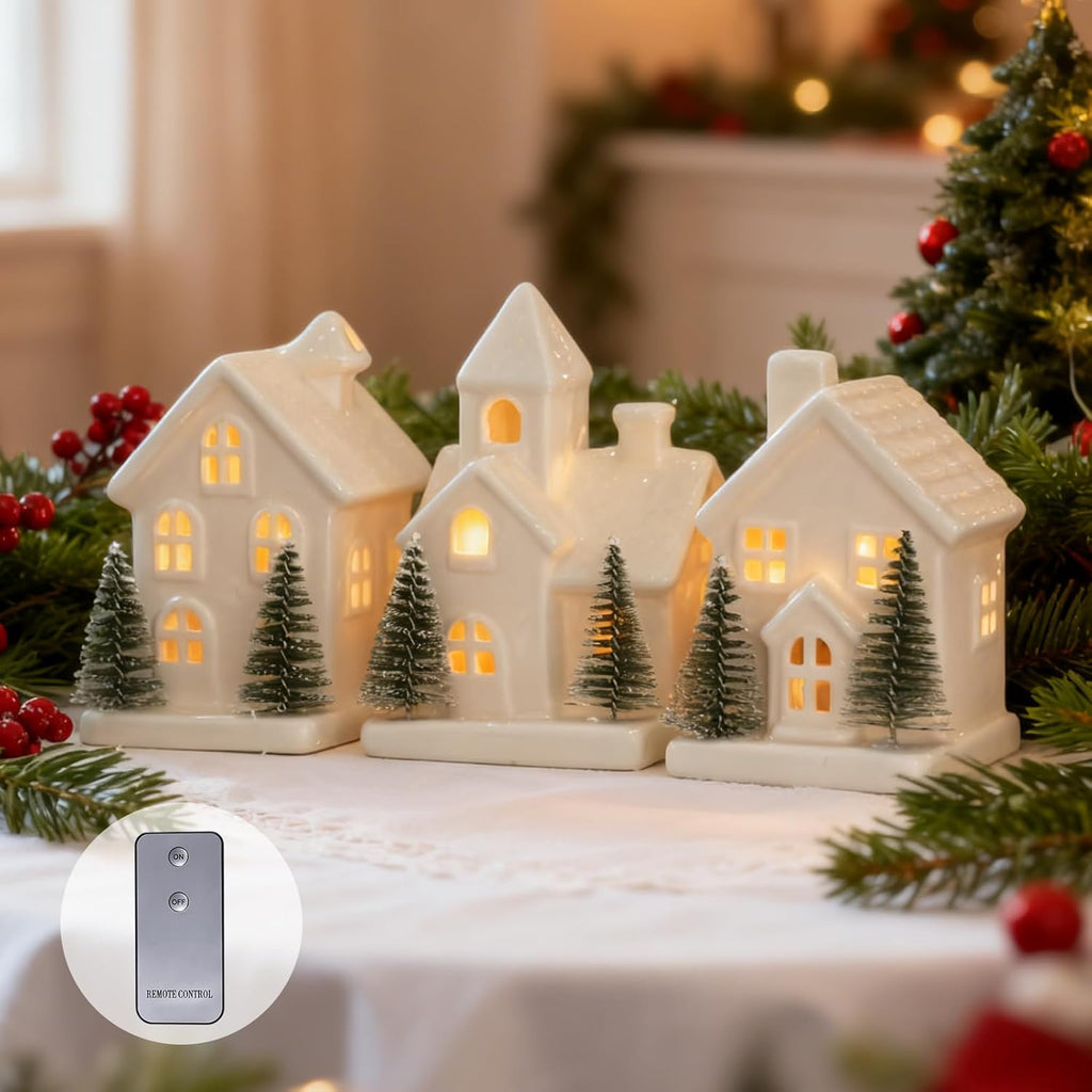 Regine Switzerland Christmas Village Set - 3 Lighted Ceramic Houses with Trees - Rustic White Holiday Decor