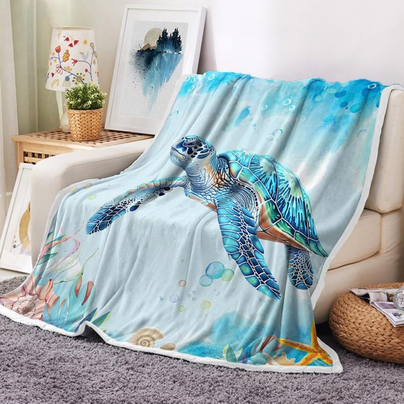 JAWO Sea Turtle Blanket Coastal Throw Cozy Beach and Nautical Sea Turtles Blanket Sea Animal Starfish Turtle Blankets Throws Gifts for Kids and Adults 50" x 60", Teal