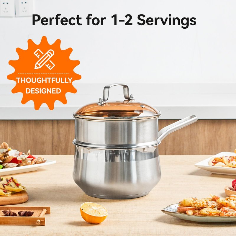 WANGYUANJI 2.5 Quart Stainless Steel Saucepan with Steamer Basket - 2-in-1 Multipurpose Steamer Pot for Cooking, Veggies & Pasta - Tri-Ply Bottom Induction Sauce Pan with Glass Lid, Silver