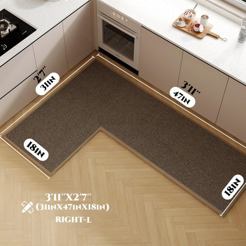 L Shape Kitchen Mat, Anti-slip Corner Kitchen Mats for Floor, 1 Piece L Shape Rug, Absorbent Runner in Front of Sink, Washable Floor Rugs for Home,Kitchen,Office(Black/Brown Right-L,3'11" x 2'7")