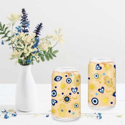 Whaline 2 Pack Evil Eyes Iced Coffee Cup Blue Evil Eye Hamsa Hand Drinking Glasses Astrological Beer Can Glass with Lid Straw Cleaning Brush for Home Office Women Gifts,16oz