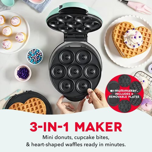 Dash MultiMaker® Treat Maker System - Create Mini Donuts, Cupcakes & Waffles - Easy Cleanup, Aqua
