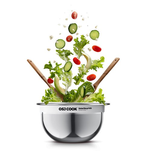 18/8 Stainless Steel Salad Bowl Kit - 74oz, Mixing Bowls with Lids Set, Teakwood - Comes with 1.7oz Condiment Container and Removable Tray for Organization - Leak-Proof, Dishwasher Safe (Mirror)
