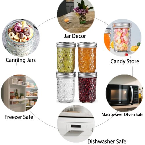 OUCBND Mason Jars 8 oz Wide Mouth, 4 Pack with Airtight Lids - Food Grade Glass, Free Brush & Stickers for Food Storage, Canning, DIY Gifts