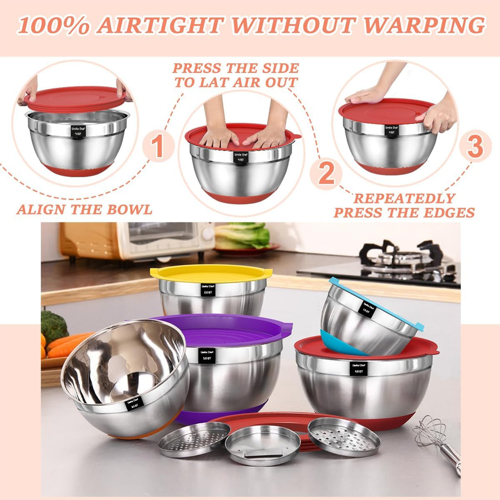 Umite Chef Mixing Bowls Set - 8PCS Stainless Steel with Airtight Lids & Non-Slip Bottoms | Includes Grater Attachments, 1.5QT to 5QT