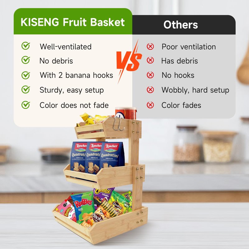 KISENG Bamboo 3 Tier Fruit Basket Stand for Kitchen Counter, Tiered Wooden Large Countertop Vegetable Fruit Holder with Banana Hook, Black