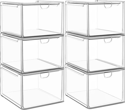 Caktraie 6-Pack Acrylic Storage Drawers - Stackable Makeup Organizer for Bathroom & Vanity