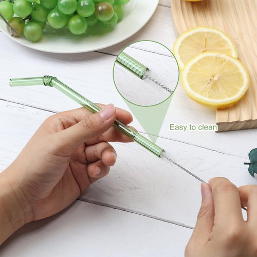 FBAJOJO, coloured glass straws, 8 inch long, 8 mm diameter, 12 wear resistant heat resistant straws, with 4 straw cleaning brushes, 6 straight, 6 curved design