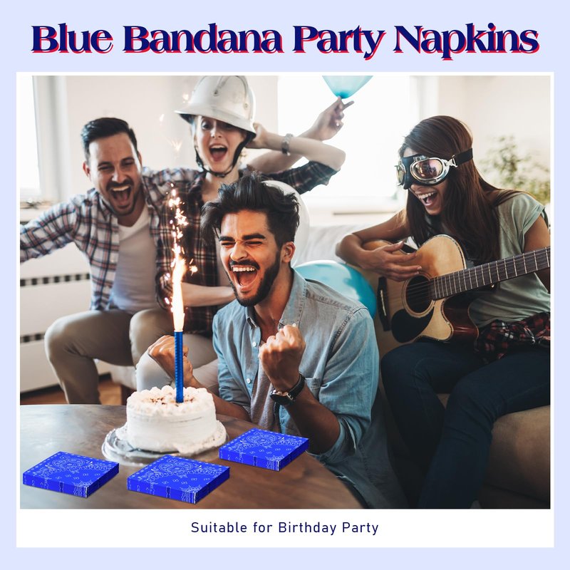 Teling 200 Pcs Western Bandana Napkins 2 Ply Bandana Paper Napkins Bulk Disposable Paisley Print Cocktail Napkin for Western Cowboy Theme Birthday Party Supplies, 6.3 * 6.3"(Blue)
