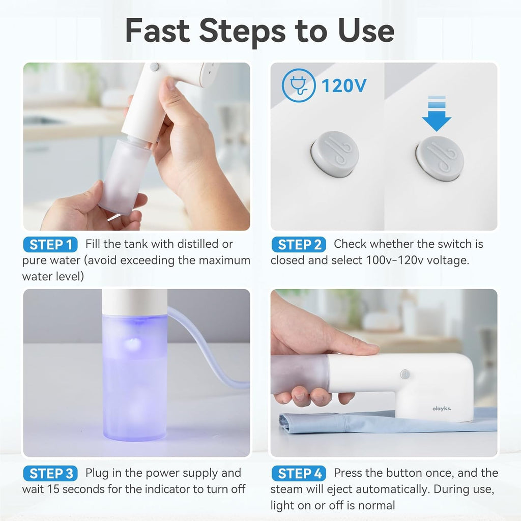Olayks Handheld Steamer - Portable Garment Steamer & Iron | 15S Quick Heat-Up, 1.1lbs, White