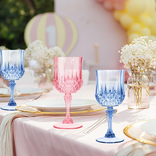 LemonRoad 12 Pcs Pink and Blue Plastic Wine Glasses Holiday Party Vintage Plastic Goblets Drinking Glasses for Wedding Reception Bridal Showers Grand Event Party Supplies