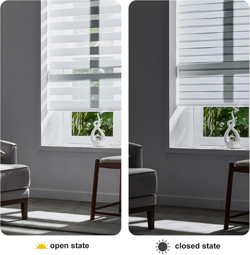 Persilux Cordless Zebra Blinds - Dual Layer Light Control Window Shades | 24" W X 72" H, White
