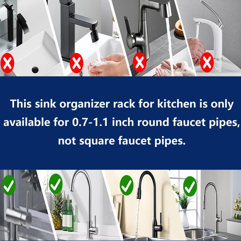 DURAUSE Kitchen Sink Faucet Organizer Multifunction Sponge Holder Organizer Sink Drain Holder Over Faucet Kitchen Sink Caddy with Hook Adjustable for 0.7-1.1inch Round Water Pipe (Silver, B)