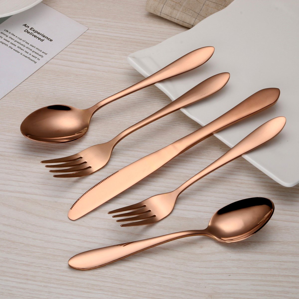 Titanium Rose Gold Plated Stainless Steel Flatware Set 20 Piece, Rose Gold Flatware Set, Copper Silverware Set Service for 4 (Shiny copper)