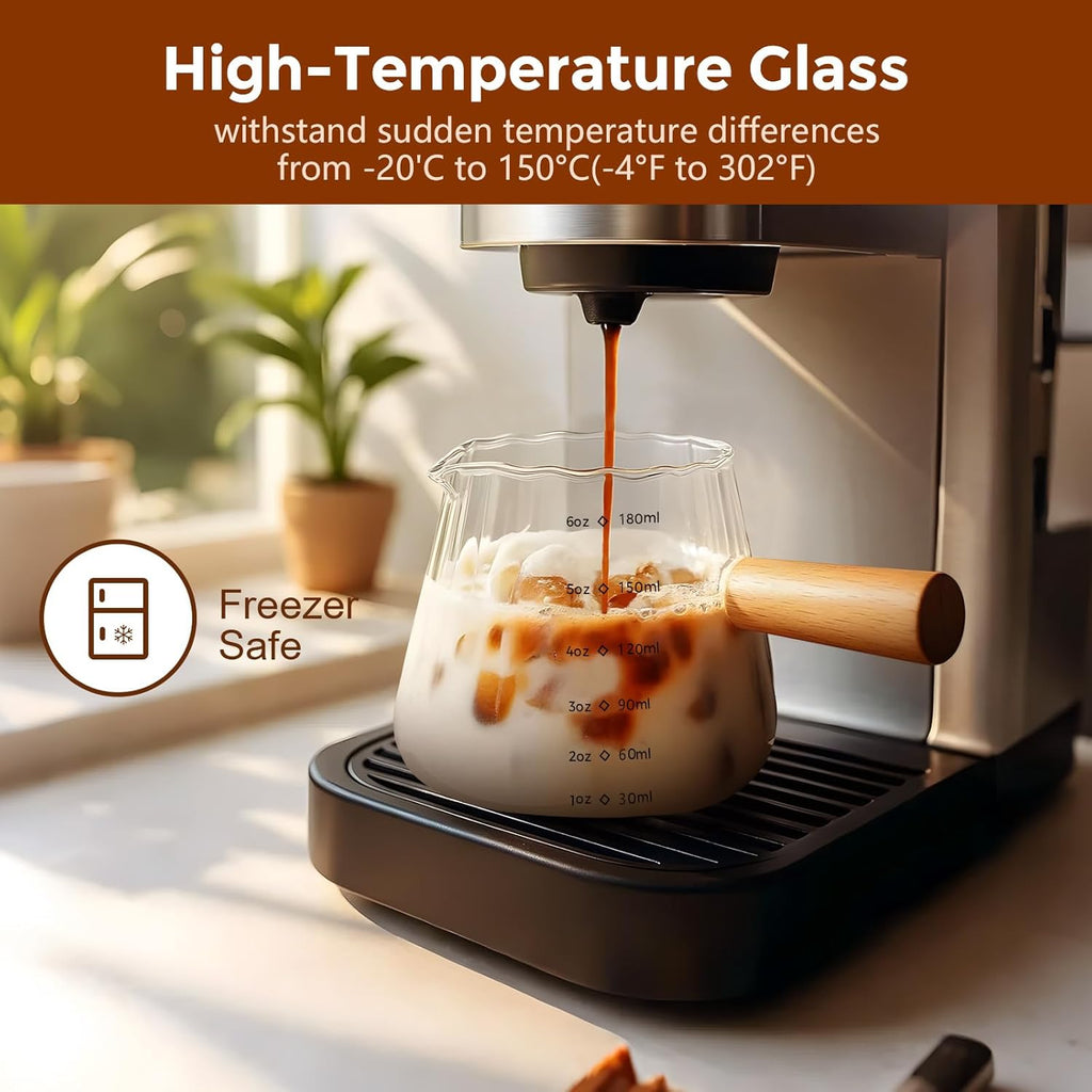 YARRAMATE Glass Measuring Cup - 6 oz/180ML with Wooden Handle | Ribbed Design for Easy Pouring