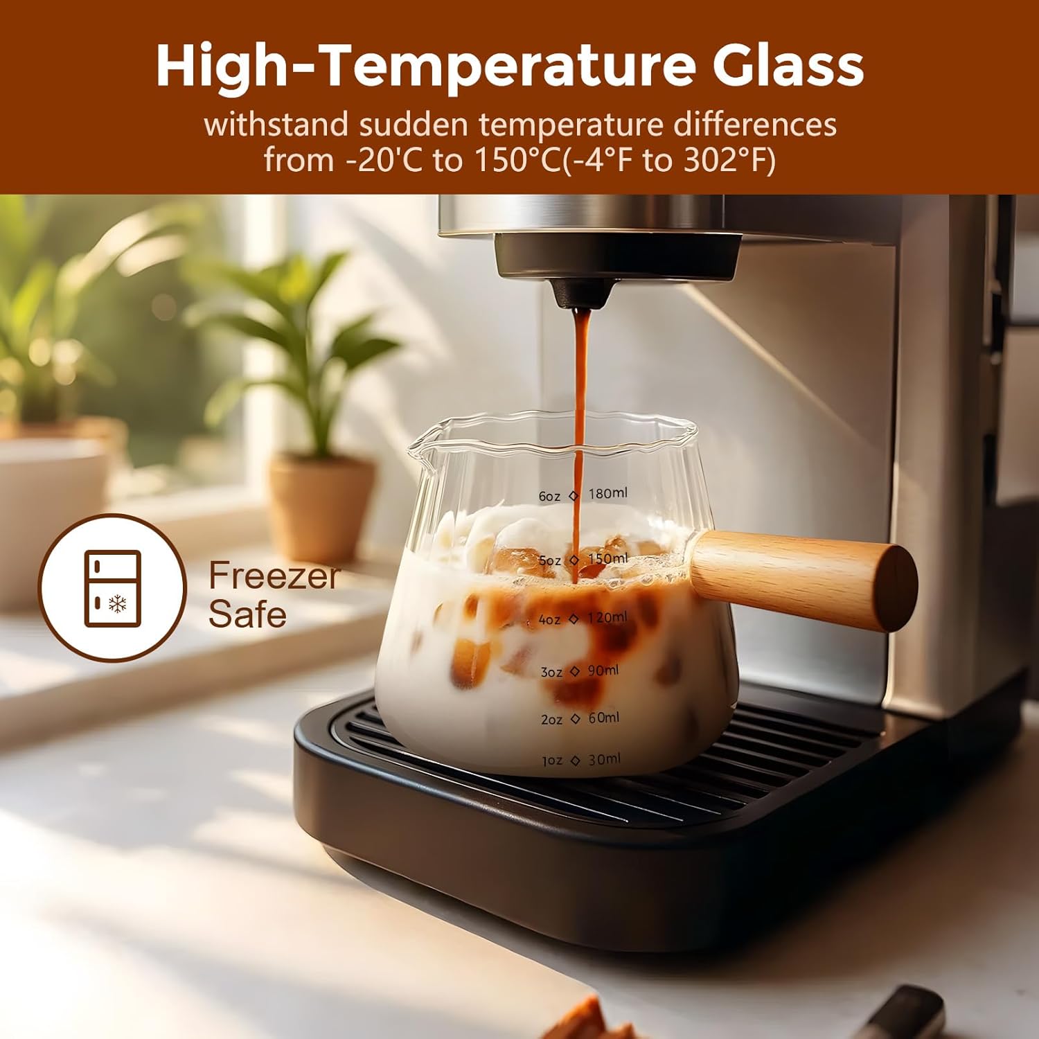 YARRAMATE Glass Measuring Cup - 6 oz/180ML with Wooden Handle | Ribbed Design for Easy Pouring