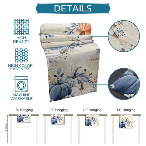 RisQiten Thanksgiving Fall Table Runner - 90 Inch Long Maple Leaf Blue Gray Pumpkin Cotton and Linen Blended Dress Scarves Farmhouse Table Runner for Kitchen Dining, Coffee Table, 13" x 90"