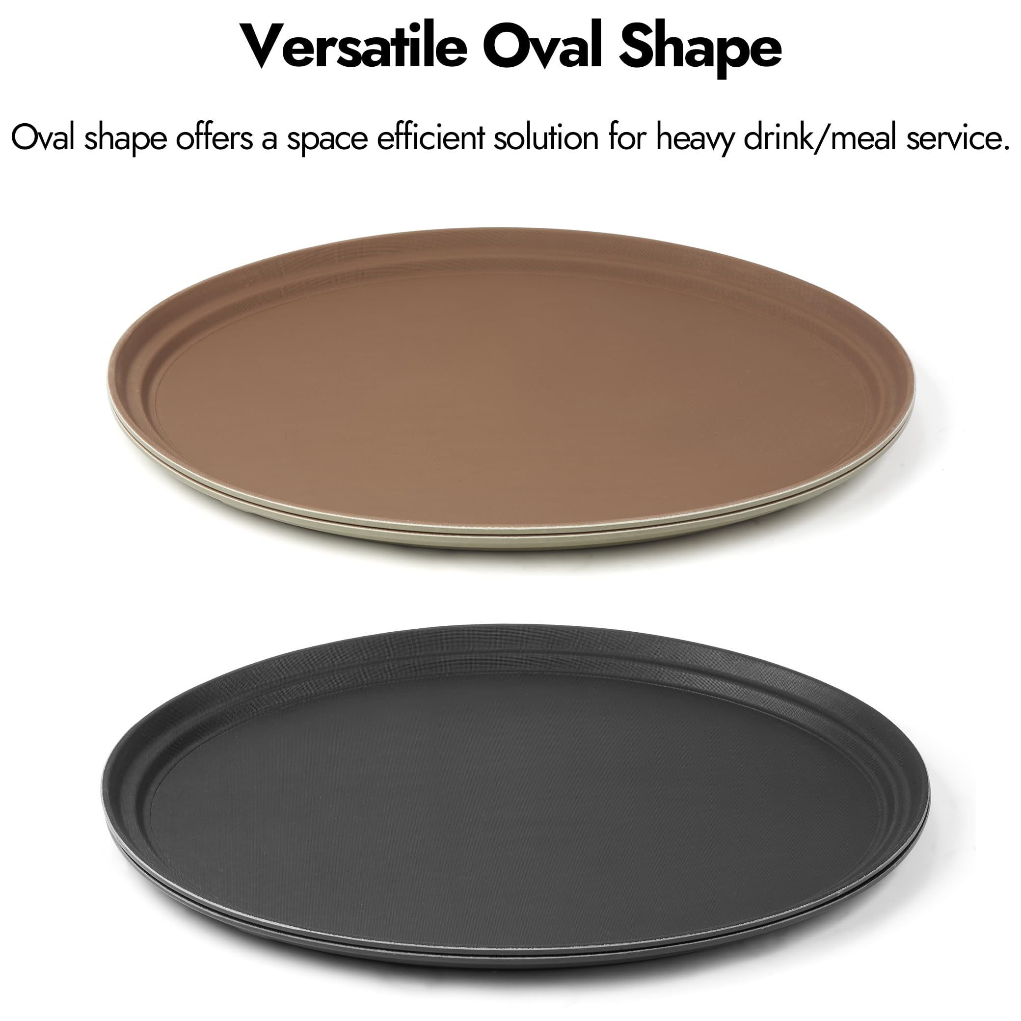 CURTA 2-Pack Restaurant Grade Non-Slip Tray, NSF, Oval 22-Inch x 27-Inch, Plastic Rubber Lined Round Serving Tray, Black