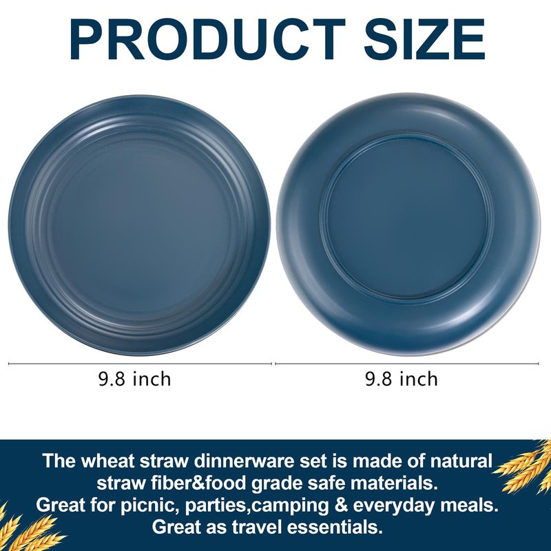 Supernal Dark Blue Wheat Straw Plates - 16pcs Dinner Set, Reusable, Unbreakable, Dishwasher & Microwave Safe for Camping, Picnic