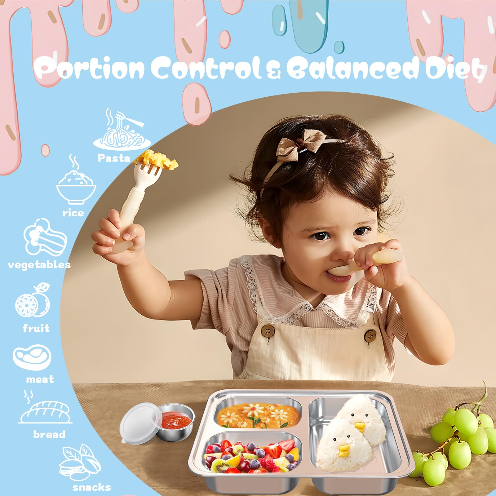 Bakpoco Stainless Steel Divided Plate for Kids Toddler, Non Toxic Portion Control Plate Dinner Plate with Lid for Adults Weight Loss, 4 Pack 3 Sections Rectangular Snack Plate Tray