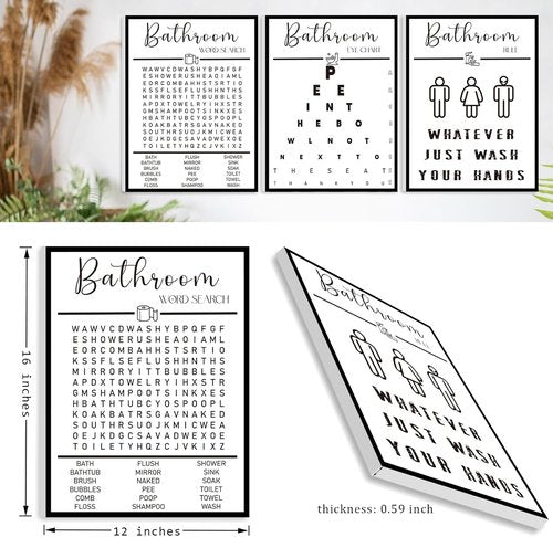 Framed Bathroom Wall Art by [Brand Name] - Funny Black and White Word Search Pee Eye Chart | Wash Your Hands (12x16 inches, Set of 3)