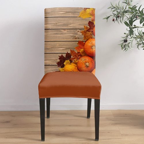 Savannan Thanksgiving Dining Chair Slipcover, Autumn Orange Pumpkin Maple Leaves Rustic Old Wooden Brown Stretch Covers Removable Parsons Protector for Kitchen Room Party, Set of 6