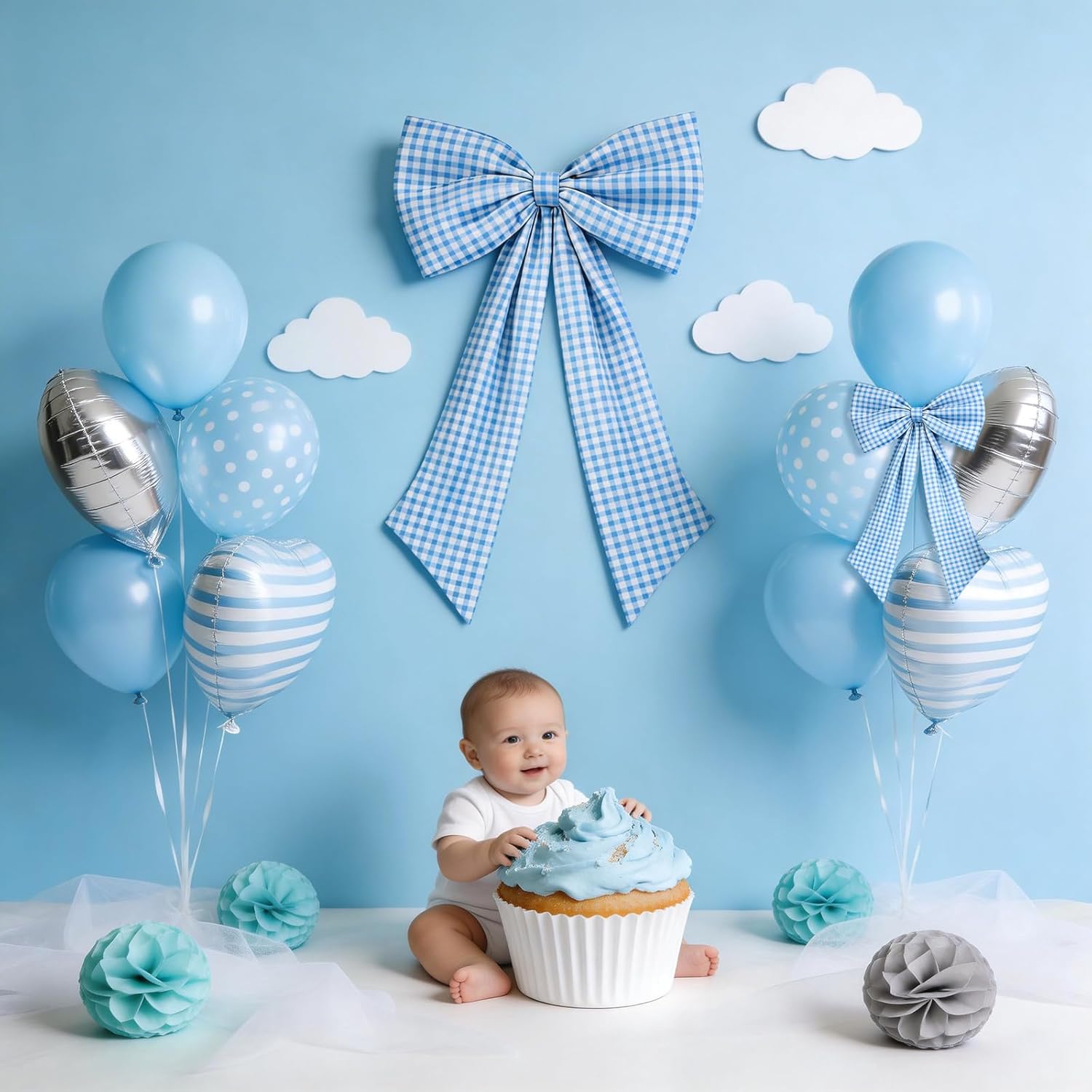 One Silly Goose Blue Checkered Bow Decor - 2 Pack for Coquette Room Backdrop | Large & Small