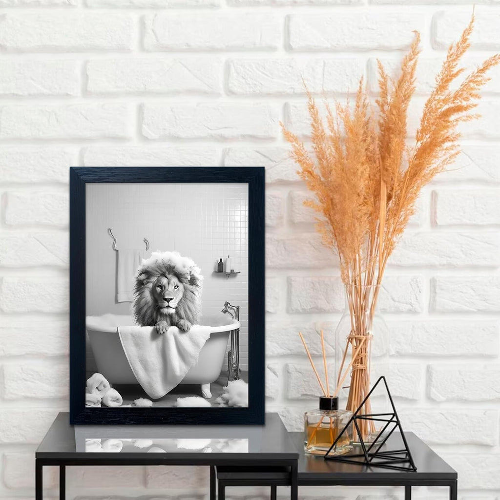 Regine Switzerland Black and White Lion Canvas Wall Art - Funny Bathroom Decor | Framed Animal Print