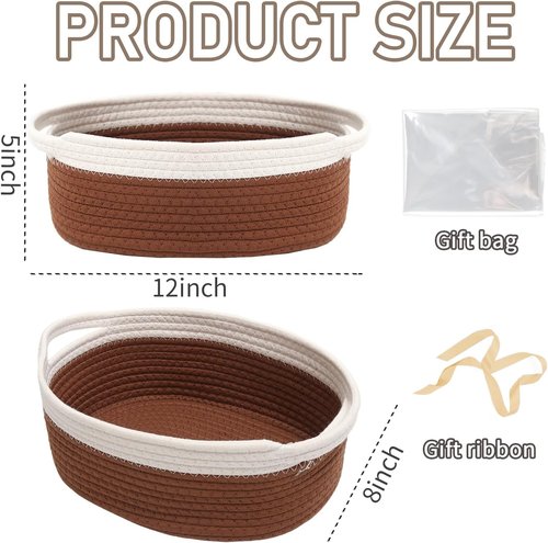JMvicyroam Woven Storage Baskets - Small Rope Bins with Handles for Organizing | White & Brown, 3-Pack