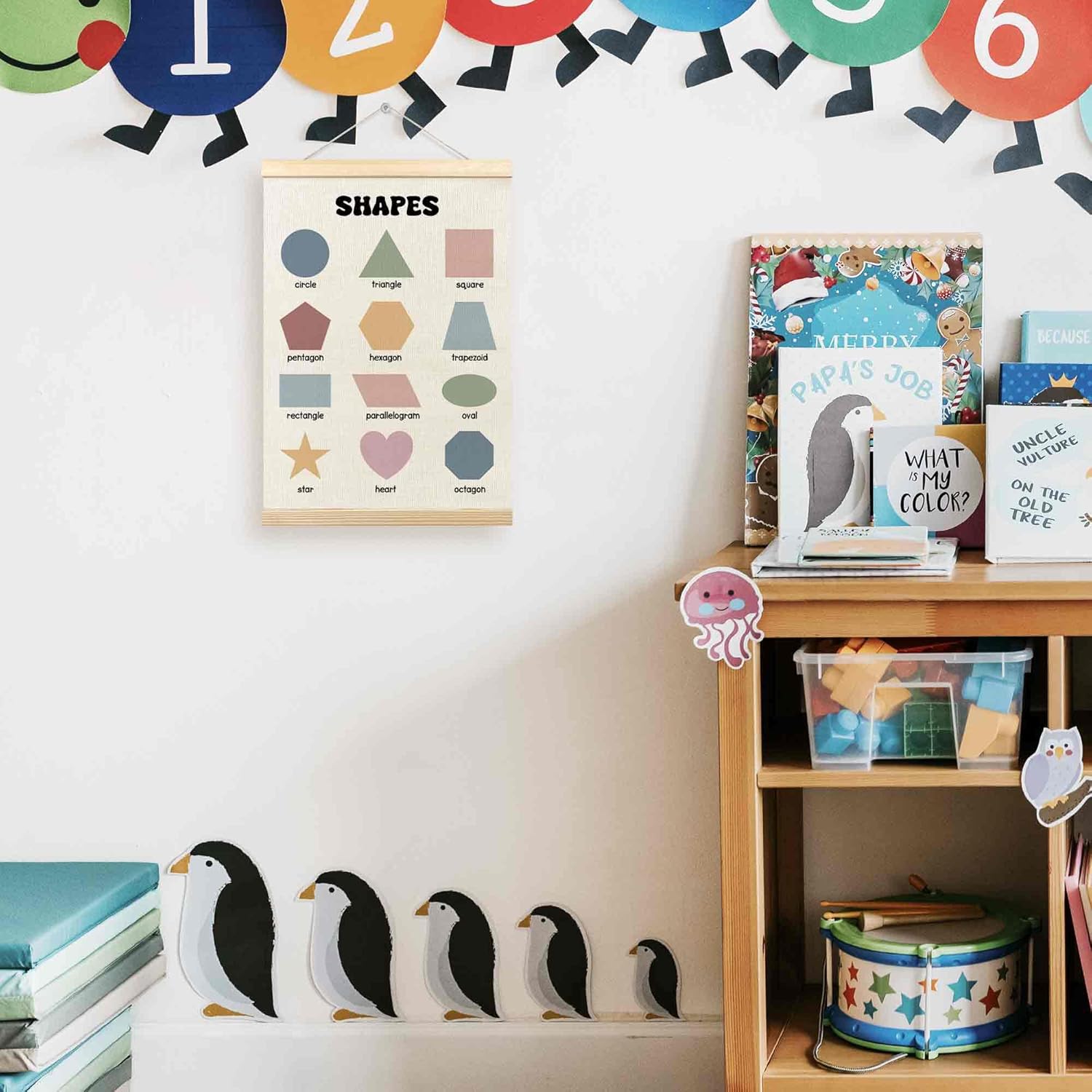 TLESKE Boho Classroom Shapes Chart Poster Hanger Frame, Homeschool Hanging Wall Art Decor for Toddlers Kids Room Nursery Playroom, Preschool Prek Learning Educational Poster Print Banner, 12x16