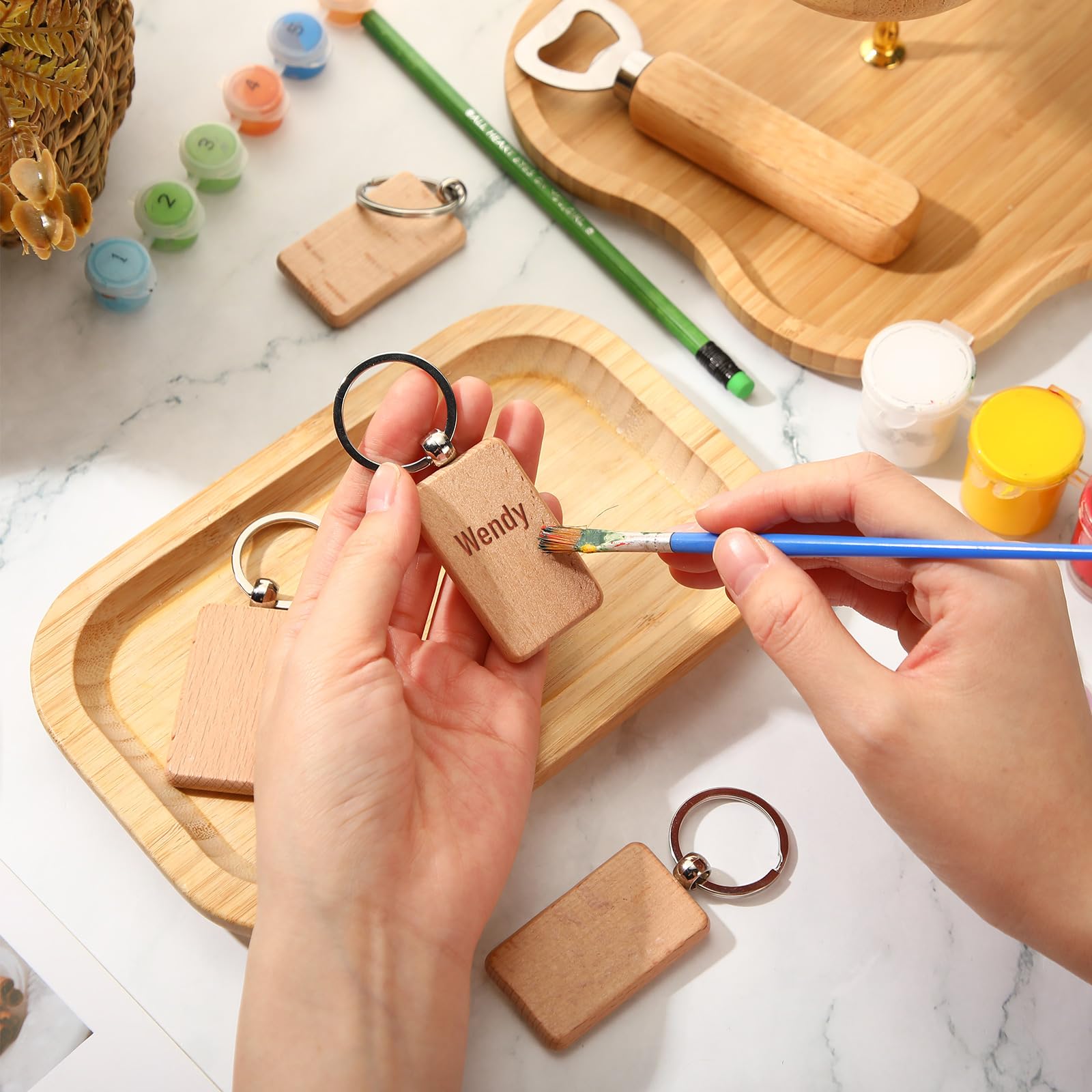 SiliFine 60 Pcs Laser Blanks Product Laser Engraving Material Kit Including DIY Wooden Blank Bottle Opener, Wooden Keychain, and Bamboo Pen for Kitchen Wedding Party Bar Home Craft