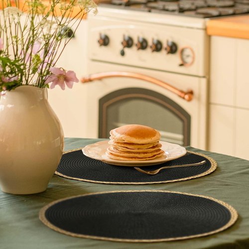 Noctiflorous Round Placemats Set of 8, 15 Inch Braided Hand Woven Table Mats, Heat Resistant Non-Slip Wipeable Thin Edge Place Mats for Kitchen Dining Indoor Outdoor Use(Black, 8)