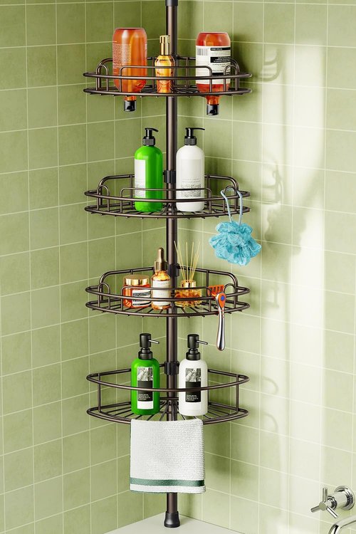 HAMITOR Corner Shower Caddy - 4-Tier Rust-Resistant Adjustable Organizer | No-Drill Quick Installation - Bronze, 47-121 Inch