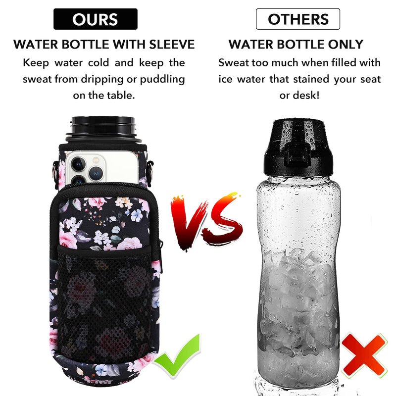 Newfad 32 oz Water Bottle with Straw and Sleeve, Motivational Water Bottle with Time Marker and Adjustable Shoulder Strap, BPA Free Leakproof Sport Water Jug for Hiking, Gym