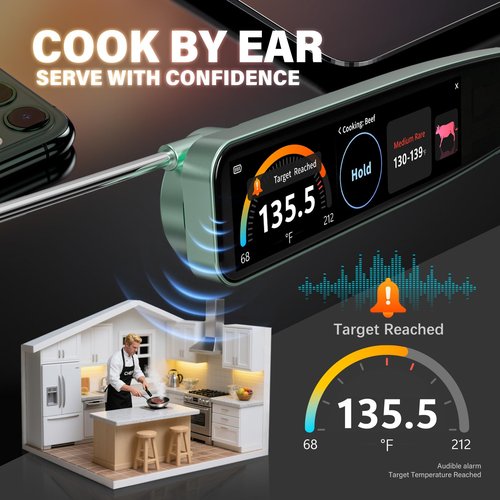 AWLKIM 0.5s Instant Read Smart Meat Thermometer Digital, 3.8″ HD Touchscreen with Temp-OS, Professional Kitchen Food Thermometer for Cooking, Grill, BBQ | ±0.5°F, −58–572°F, IP68, USB-C Rechargeable