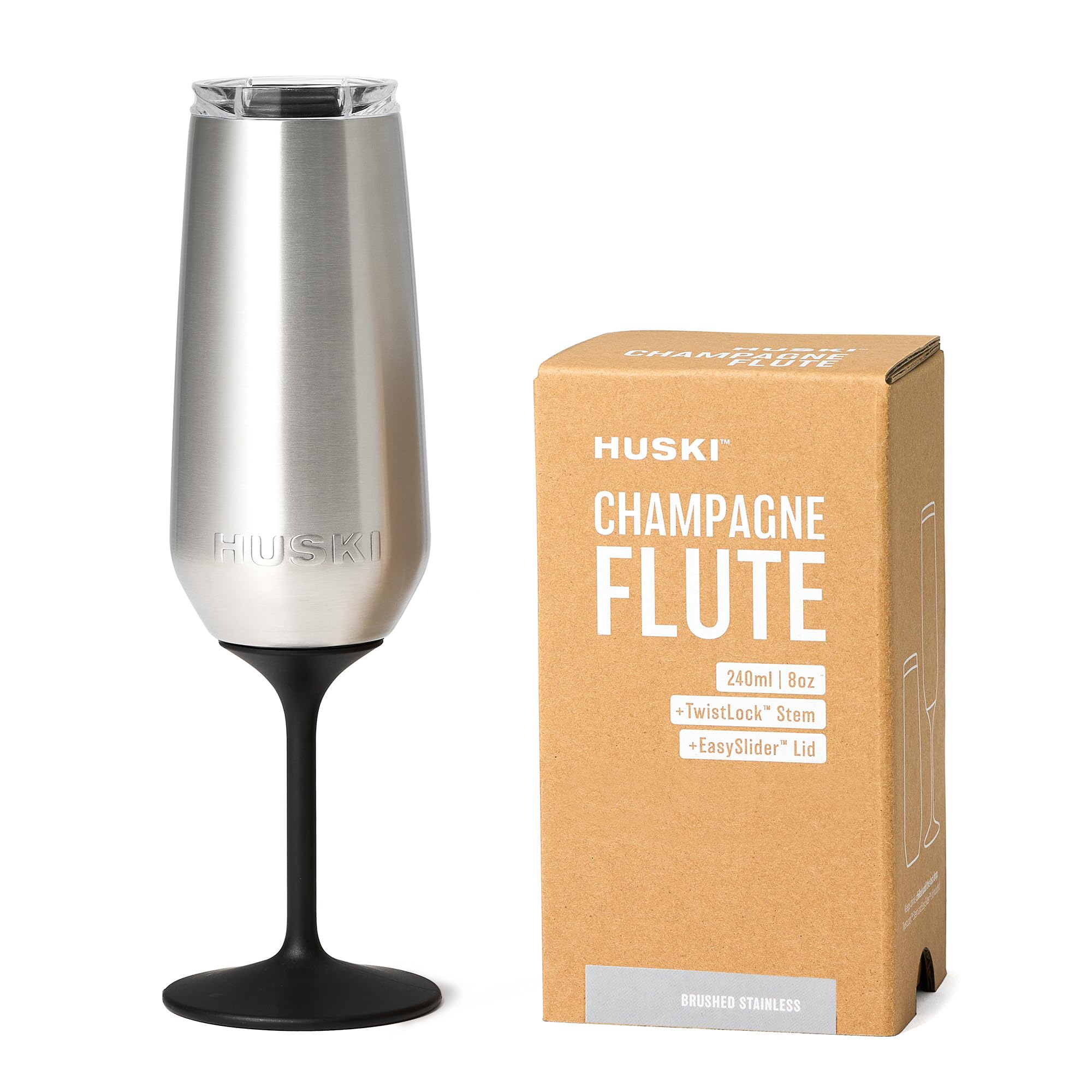 Huski Champagne Flute | NEW | Award-winning Design with Detachable Stem | Premium Stainless Steel Champagne Glass with Lid | Triple Insulated Tumbler | 8oz Capacity | Great Gift (Brushed Stainless)