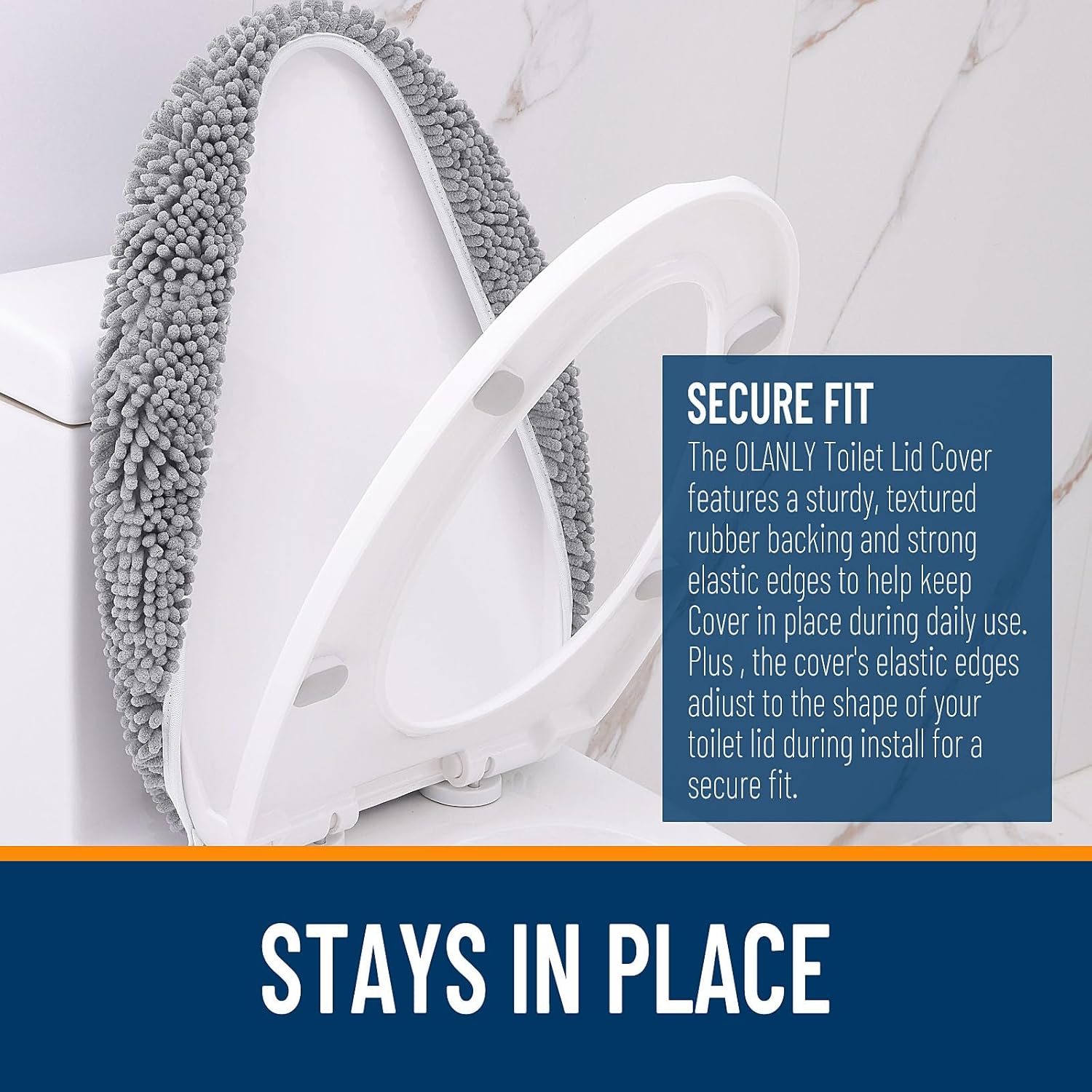 OLANLY Soft Chenille Toilet Lid Cover - Machine Washable, Non-Slip Rubber Backing, Gray, 17.5x15