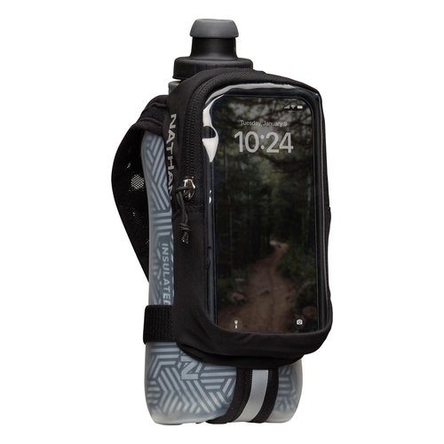 Nathan SpeedDraw 2 Insulated Handheld Running Water Bottle Flask 18oz – Double-Wall Insulation, Ergonomic Grip, Blast Valve Cap, Phone & Key Storage Pockets, Reflective Design