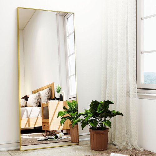 Easly Full-Length Mirror, 24"x68" Floor Mirror with Stand, Wall-Mounted Mirror for Bathroom, Dressing Room - Hanging or Leaning - Full Body Mirrors for Bedroom, Gold