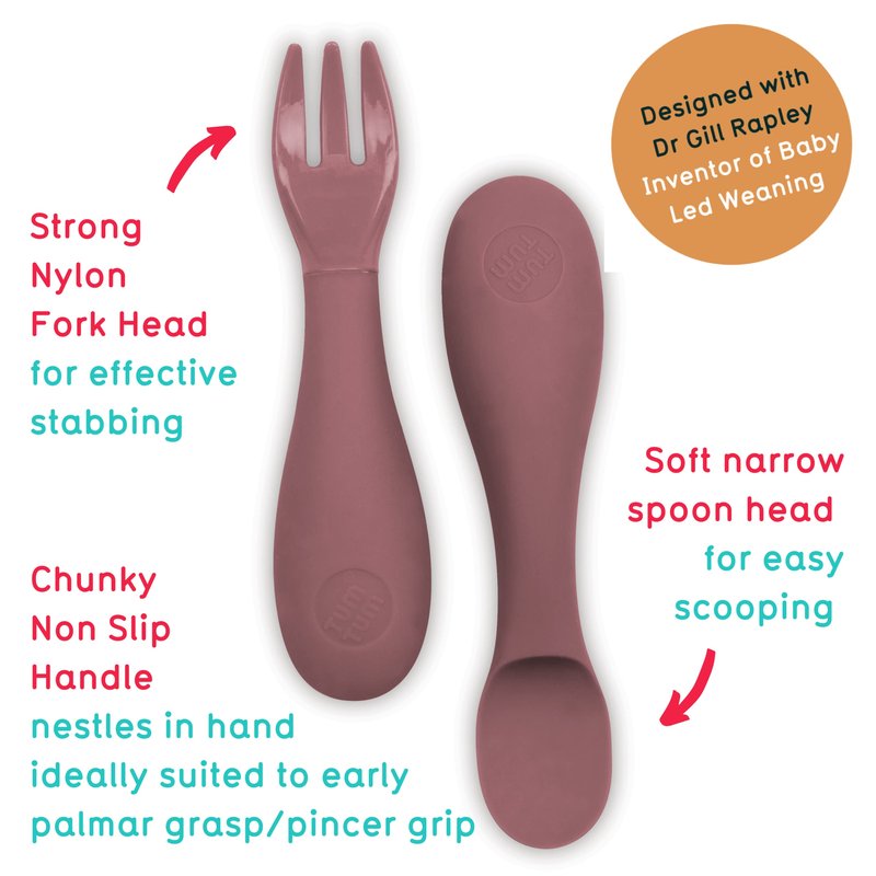 Tum Tum Baby Cutlery with Case - Baby Spoon & Fork Set, Self Feeding Cutlery, Silicone, 6+ Months, Pink