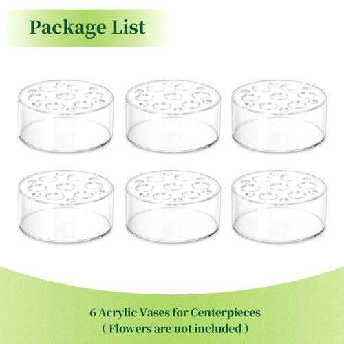 Hewory Acrylic Flower Vases for Centerpieces Round 6pcs Short Clear Floral Vase with 13 Holes, Box Arranger Bulk Low Base Holder for Wedding Birthday Party Event Dining Table Decor, 2.56"(H)×5.9"(D)