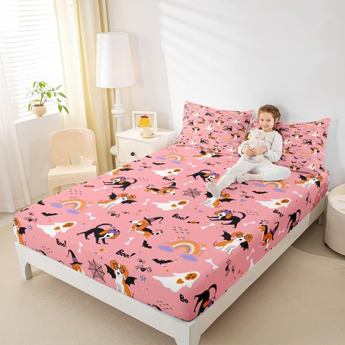 Feelyou Happy Halloween Sheet Set King Size Kids Horror Cobweb Cute Dog Sheets with Deep Pocket Fitted Sheet for Boys Teens Kawaii Cloud Rainbow Bed Sheets Set Breathable Witchcraft Pink Room Decor